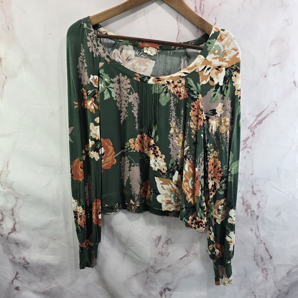 Anthropologie Shirt Womens XS Green Floral Long Bishop Sleeve Crop Tiny Holden